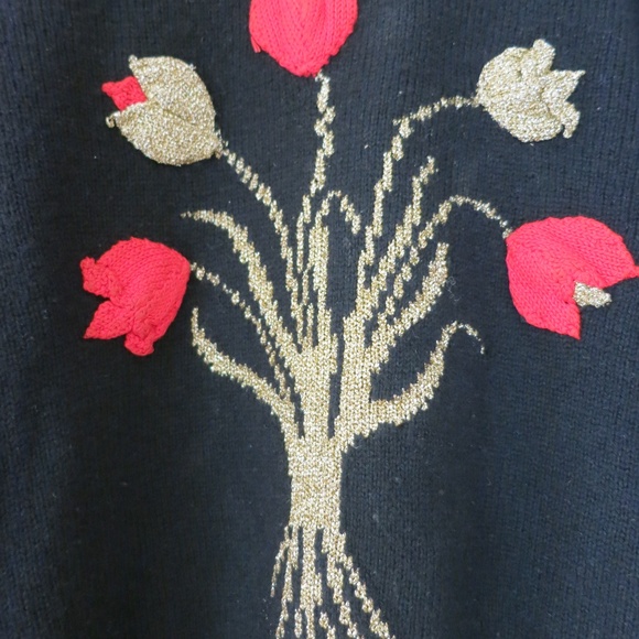 Vintage Clover 1980s Wool + Angora Black Sweater Red Gold Floral Embroidery Med - Picture 10 of 12